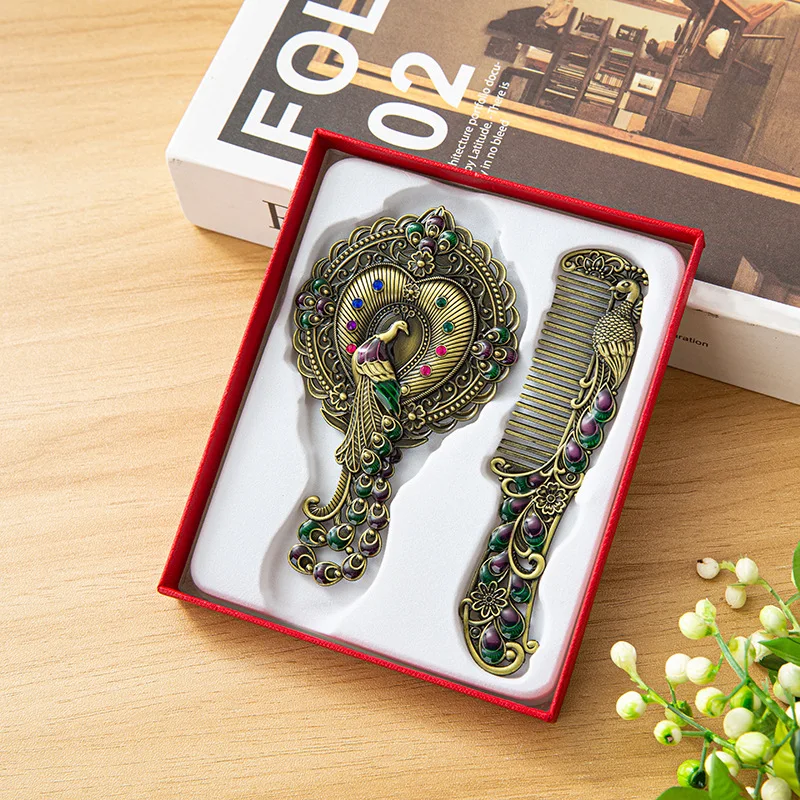 Ensemble Miroir de Maquillage & Peigne en Métal – Motifs Vintage Sculptés | Luxe
