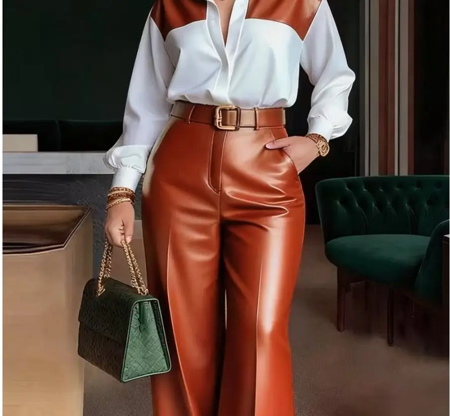 Ensemble 2 pièces femme chemise manches longues & pantalon cuir jambes larges + ceinture