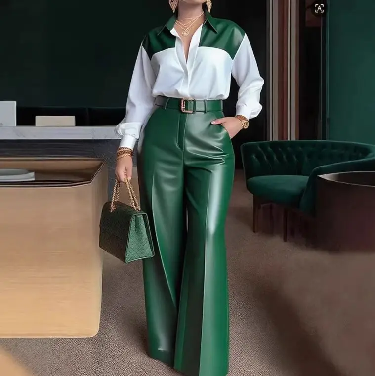 Ensemble 2 pièces femme chemise manches longues & pantalon cuir jambes larges + ceinture