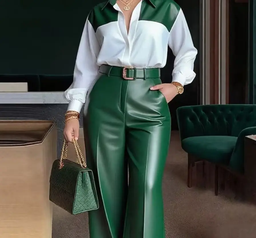 Ensemble 2 pièces femme chemise manches longues & pantalon cuir jambes larges + ceinture