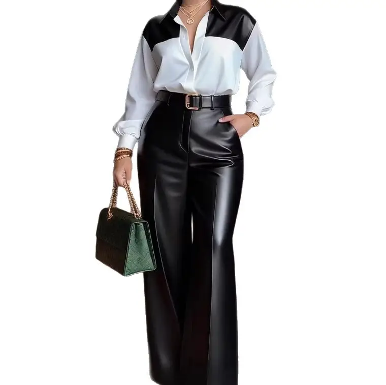 Ensemble 2 pièces femme chemise manches longues & pantalon cuir jambes larges + ceinture
