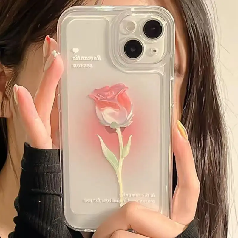 Coque iPhone TPU Transparente Motif Rose & Tulipe – Protection Objectif Intégrée (11 au 17)