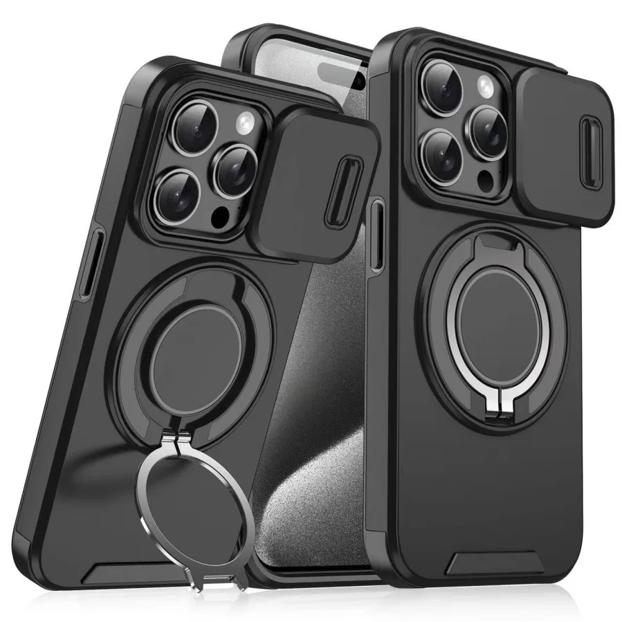 Coque Armor iPhone 16/17 Pro Max Antichoc PC+TPU avec Anneau Magnétique Rotatif 360°