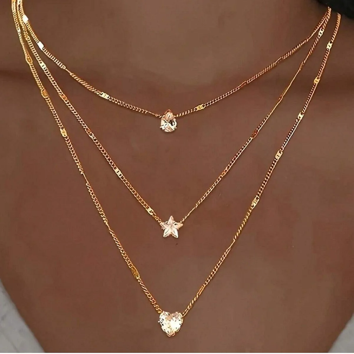 Collier multicouche femme plaqué or/argent – Pendentifs cœur, étoile & goutte | Strass élégant