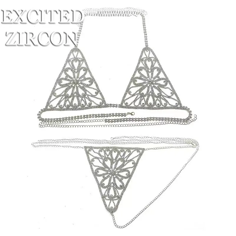 Bikini Sexy Femme avec Chaîne de Corps Dorée & Strass – Lingerie de Plage Luxe