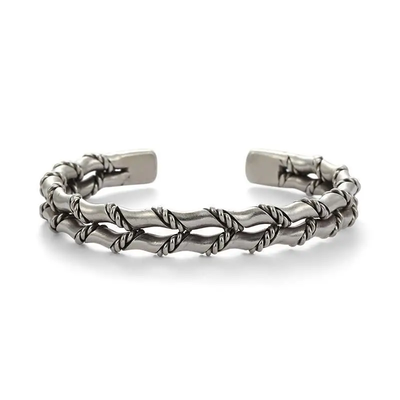 Bracelet Homme Double Couche Tissé Ethnique – Bijou Tendance en Alliage Argenté