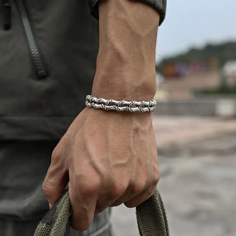 Bracelet Homme Double Couche Tissé Ethnique – Bijou Tendance en Alliage Argenté