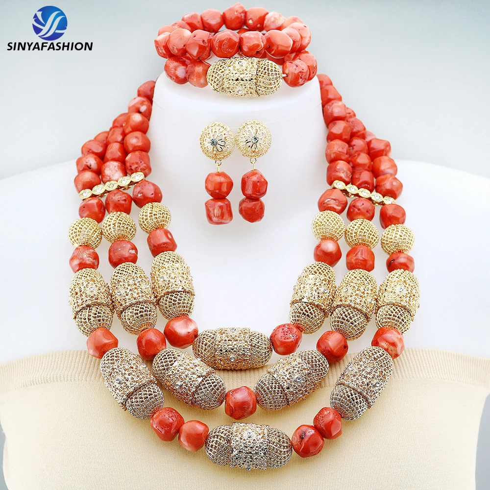 Parure de Bijoux Mariée Africaine en Corail Naturel & Cristal – Collection Sinya Luxe