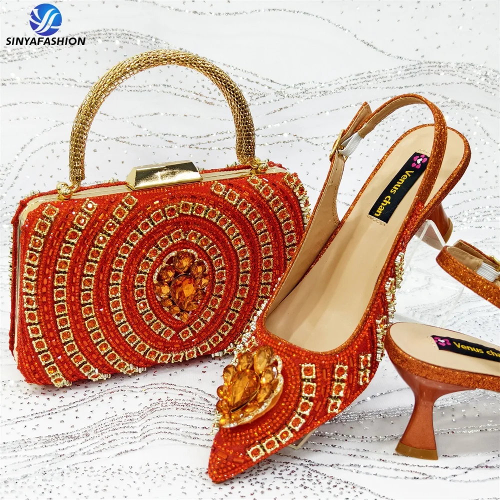 Chaussures Femme Sinya Talons 8cm Design Italien Strass & Diamants Bout Ouvert + Sac Assorti