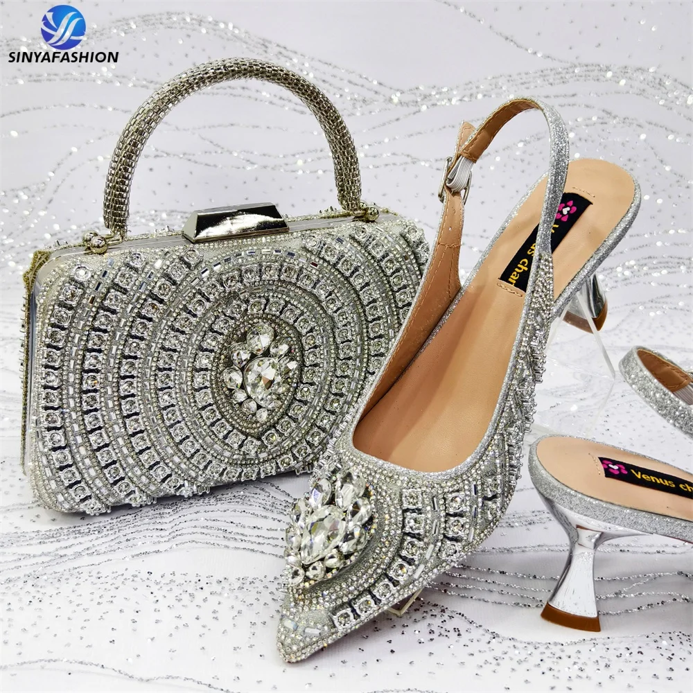 Chaussures Femme Sinya Talons 8cm Design Italien Strass & Diamants Bout Ouvert + Sac Assorti