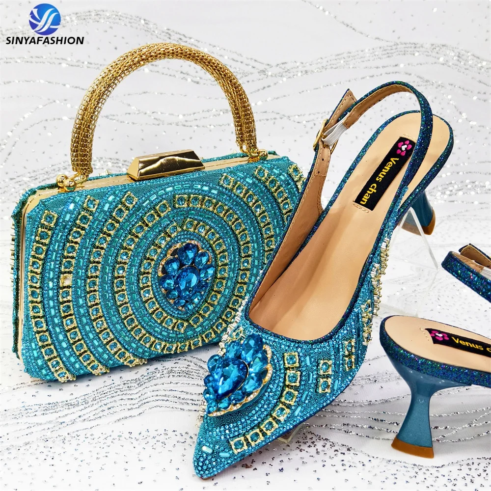 Chaussures Femme Sinya Talons 8cm Design Italien Strass & Diamants Bout Ouvert + Sac Assorti