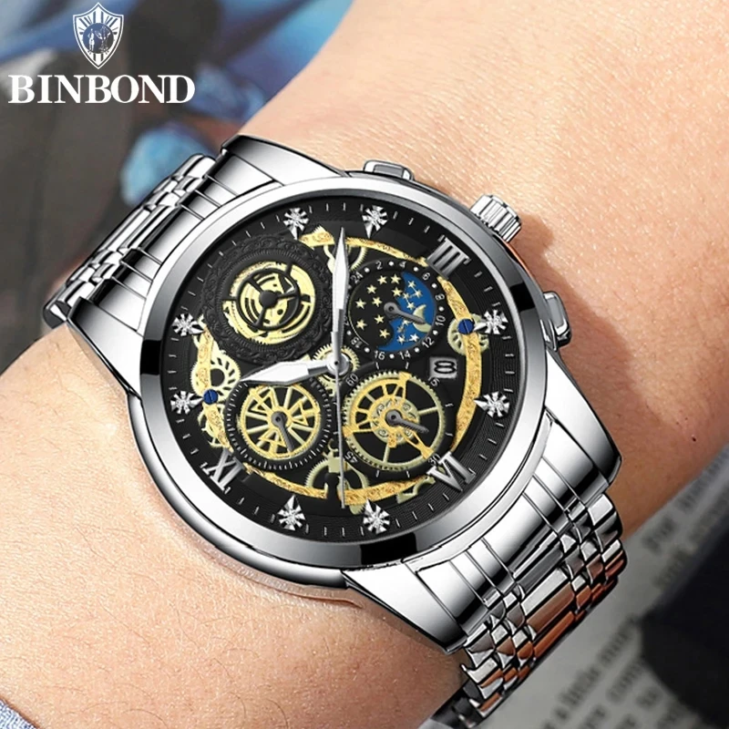 Montre Homme Binbond B4010 Quartz Luxe – Bracelet Acier Inoxydable, Lumineuse, Étanche 30M