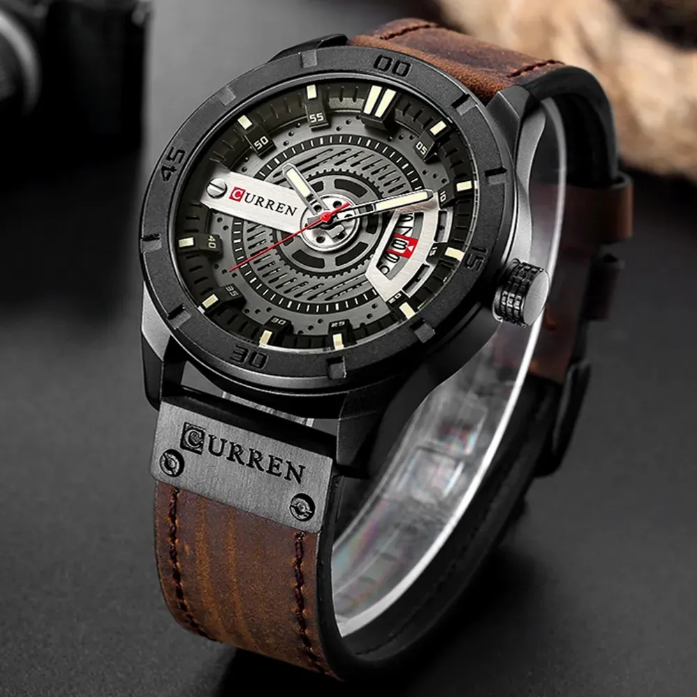 CURREN 8301 – Montre Sport Quartz Homme Bracelet Cuir | Cadran 45mm | Date & Heure
