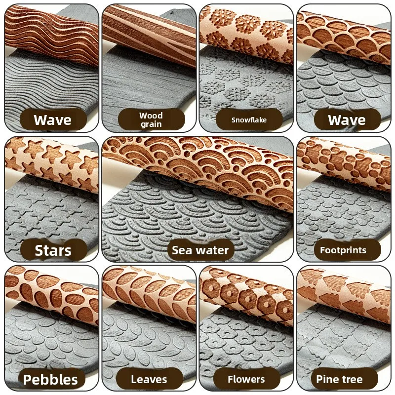 Rouleau à Pâte Texturé XinyiArt en Bois de Bouleau – Set 11 Pièces pour Poterie & Argile