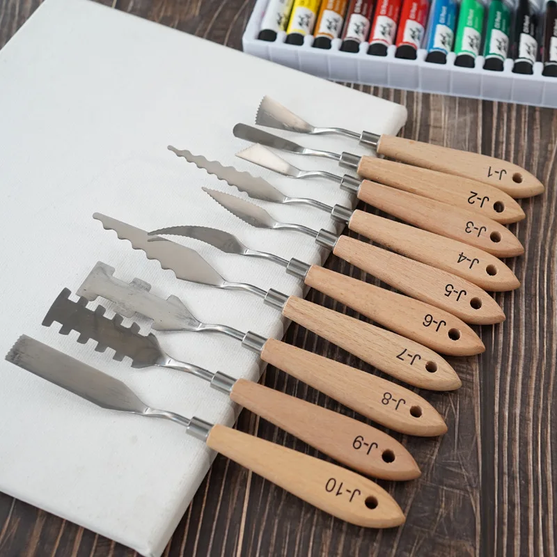 Set 10 Couteaux à Palette Peinture Huile – Lames Inox & Manche Bois | XinyiArt