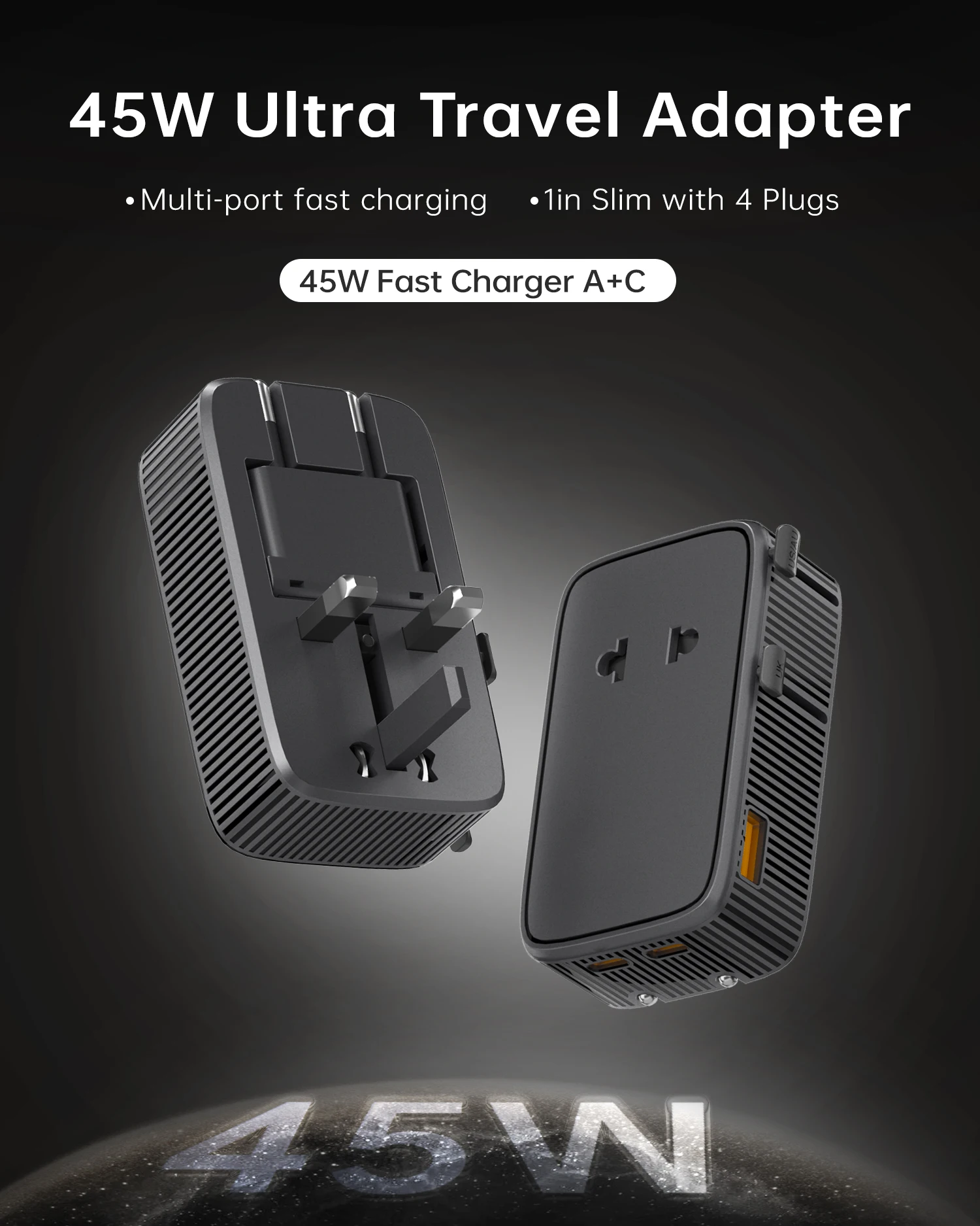 Adaptateur Voyage Universel 45W USB-C PD3.0 QC3.0 – 2 USB-C + 1 USB-A | Prises UK/EU/AU