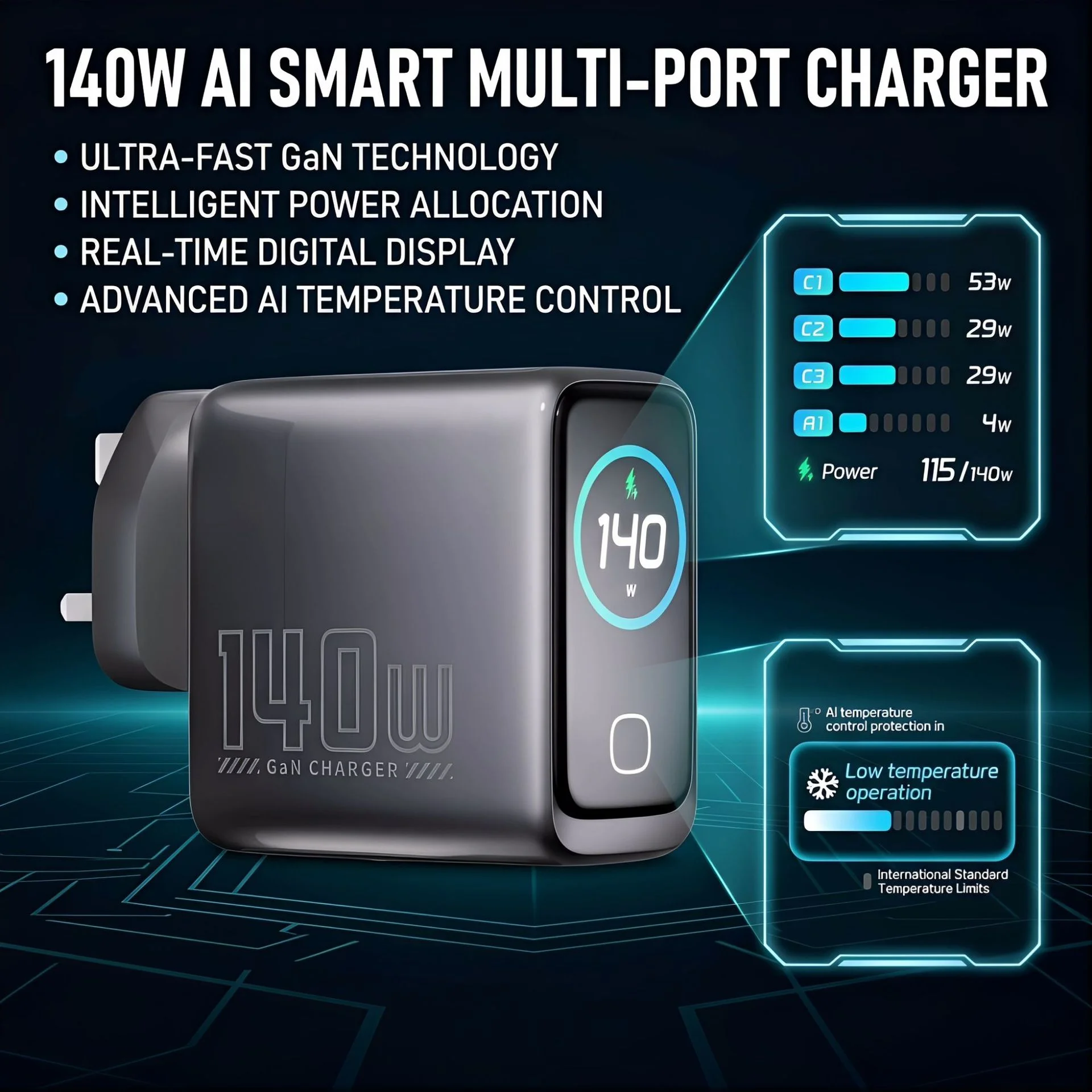 Chargeur Rapide 140W GaN 4 Ports USB-C avec Affichage Numérique - PD 3.0 QC 3.0