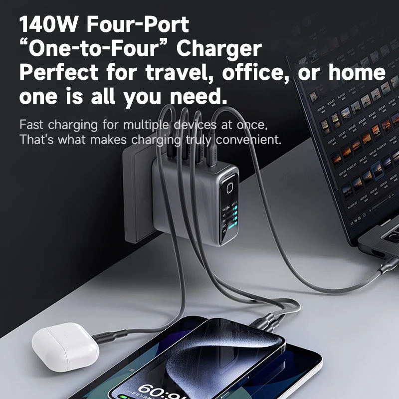 Chargeur Rapide 140W GaN 4 Ports USB-C avec Affichage Numérique - PD 3.0 QC 3.0