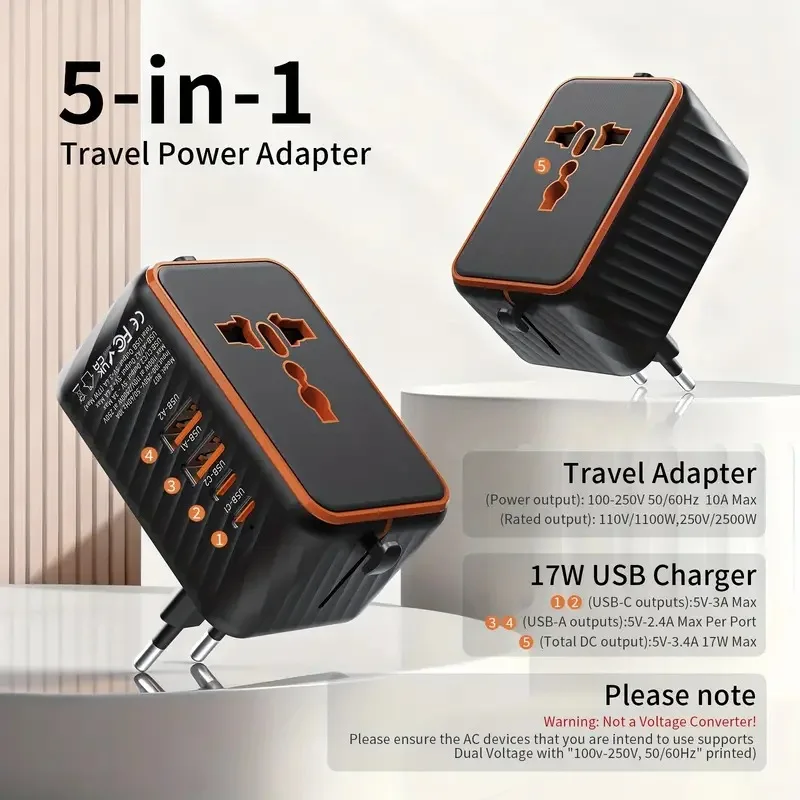 Adaptateur Voyage Universel 4 Ports USB/Type-C PD3.0 QC3.0 17W – Prises UK/EU/AU/US