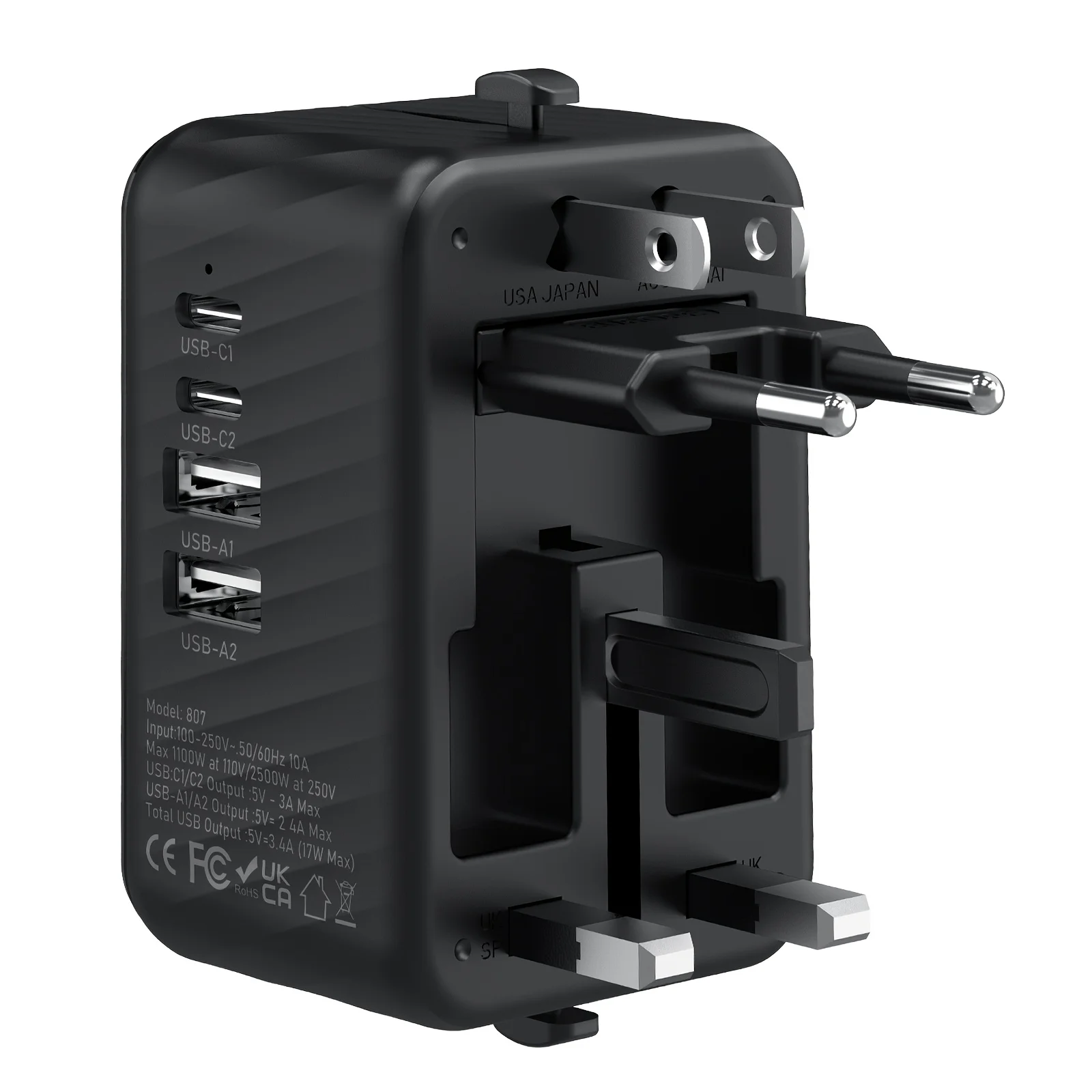 Adaptateur Voyage Universel 4 Ports USB/Type-C PD3.0 QC3.0 17W – Prises UK/EU/AU/US