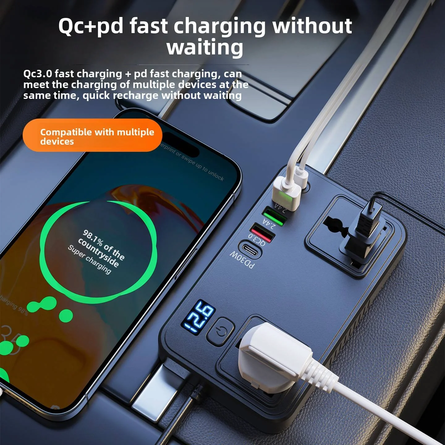 Convertisseur de voiture 150W 12V/24V→220V avec ports USB Type-C et voltmètre intégré