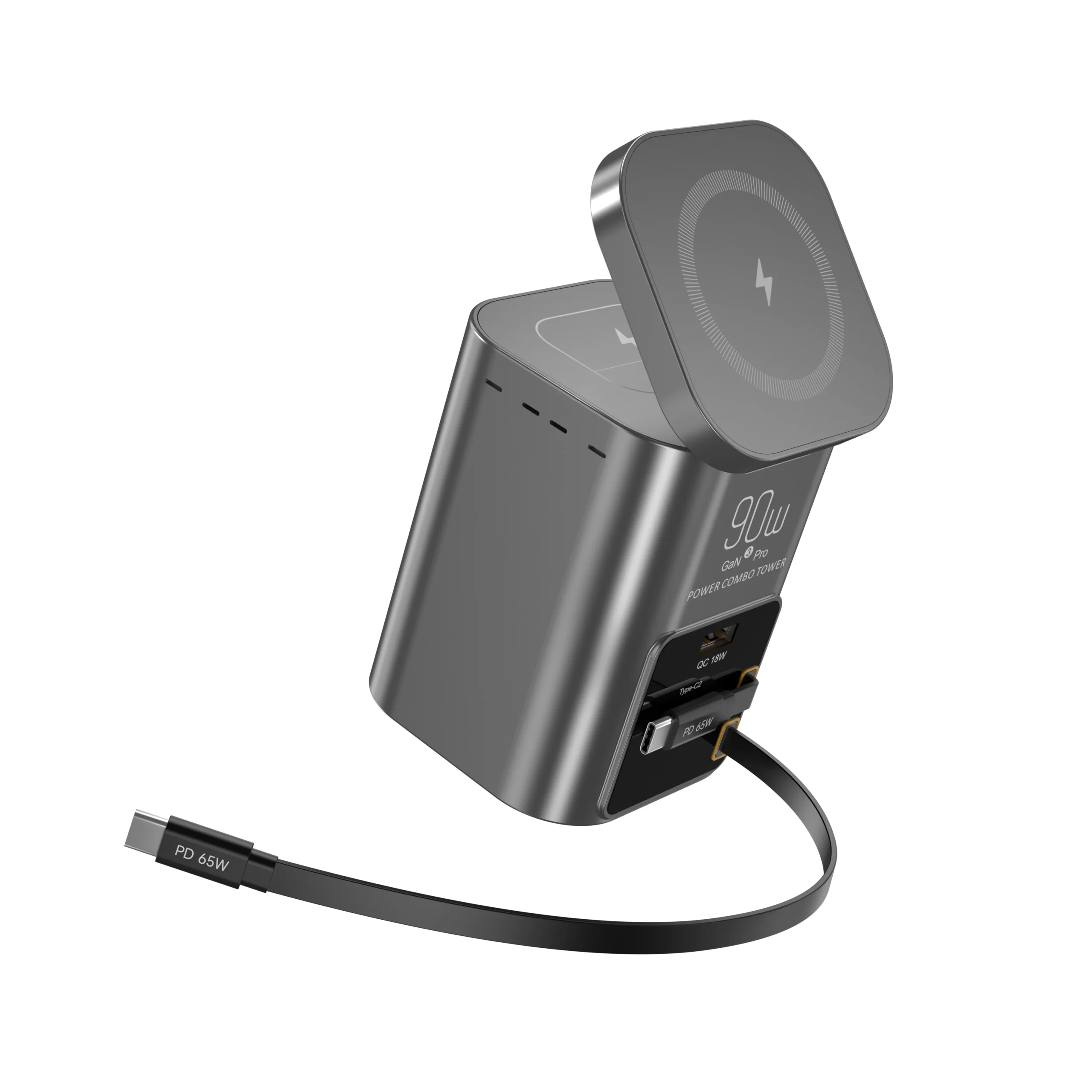 Station de Charge Rapide 90W Sans Fil Bureau – 2 Câbles USB-C Rétractables + Magnétique