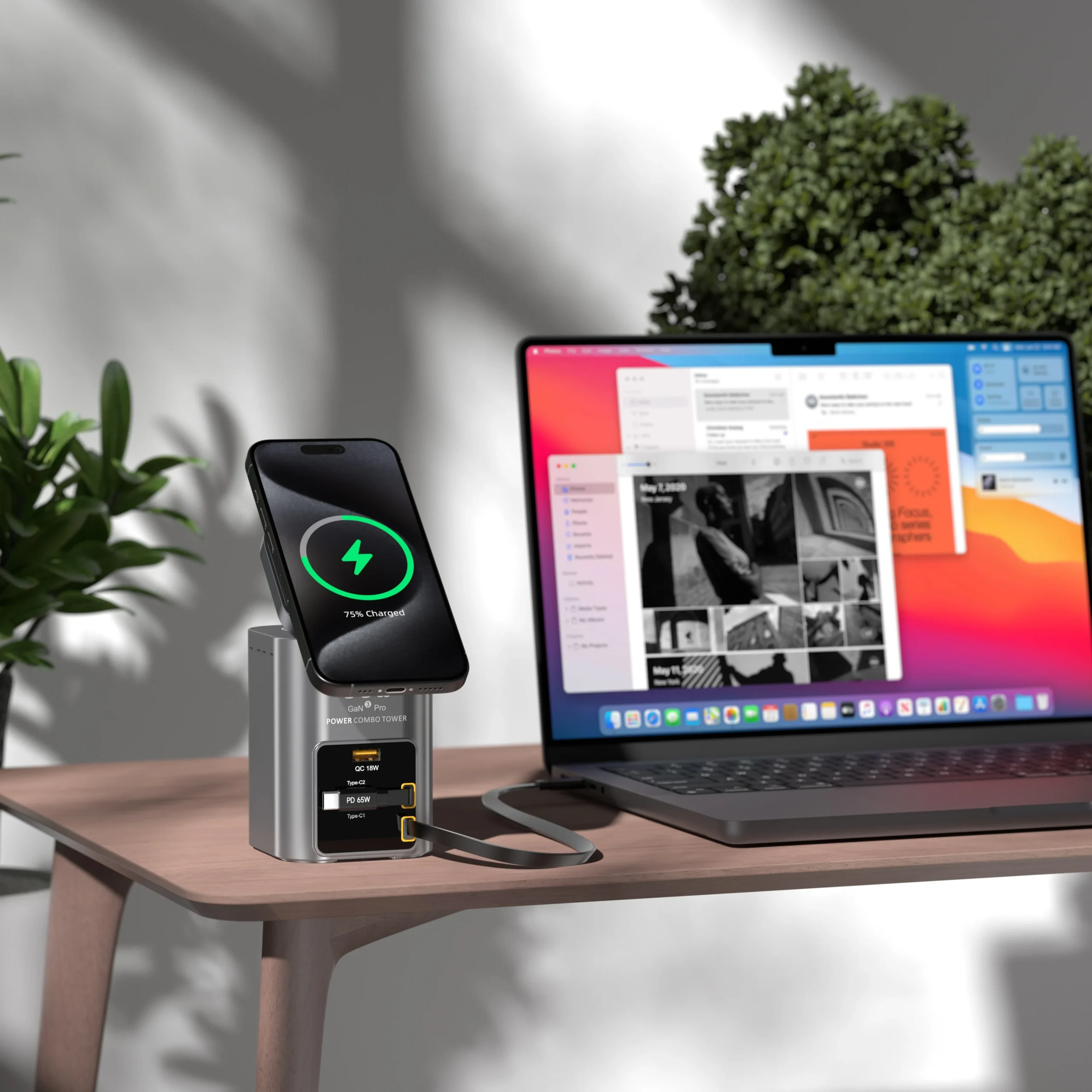 Station de Charge Rapide 90W Sans Fil Bureau – 2 Câbles USB-C Rétractables + Magnétique