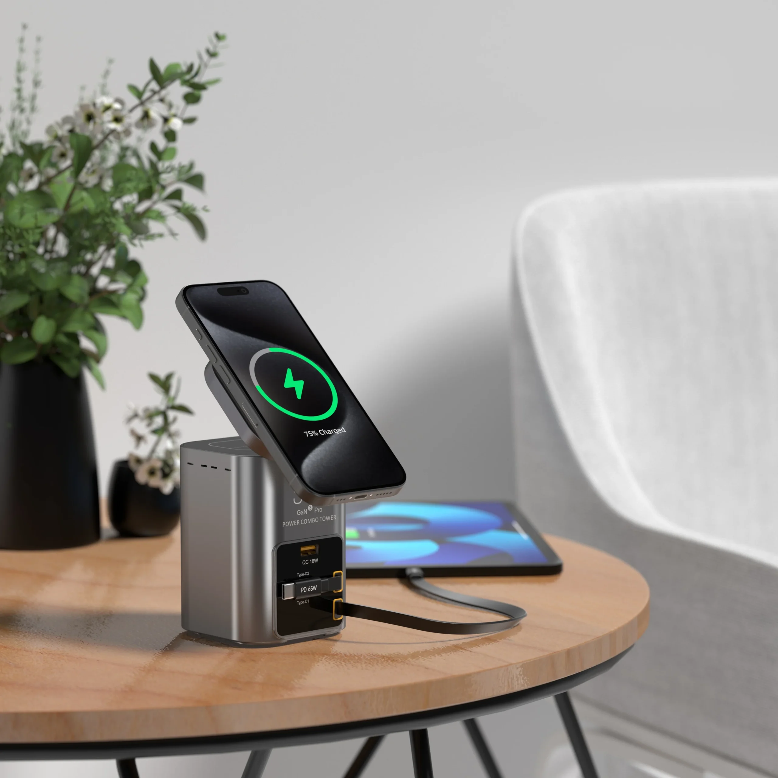 Station de Charge Rapide 90W Sans Fil Bureau – 2 Câbles USB-C Rétractables + Magnétique