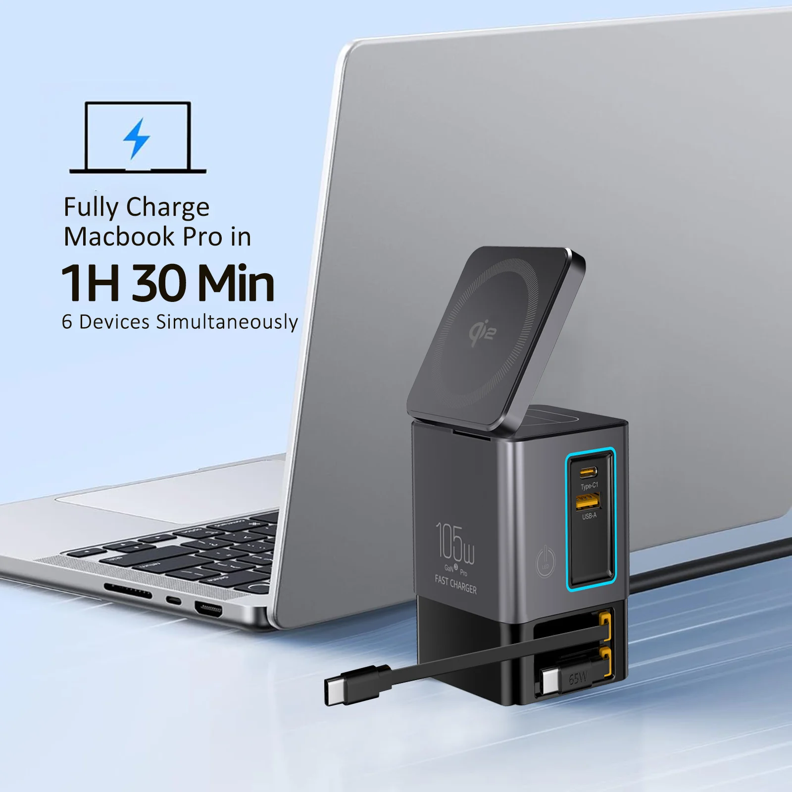Station de Charge GaN 105W Tour Multiport – Sans Fil Qi2, Câble Rétractable, Charge Rapide PD 3.0