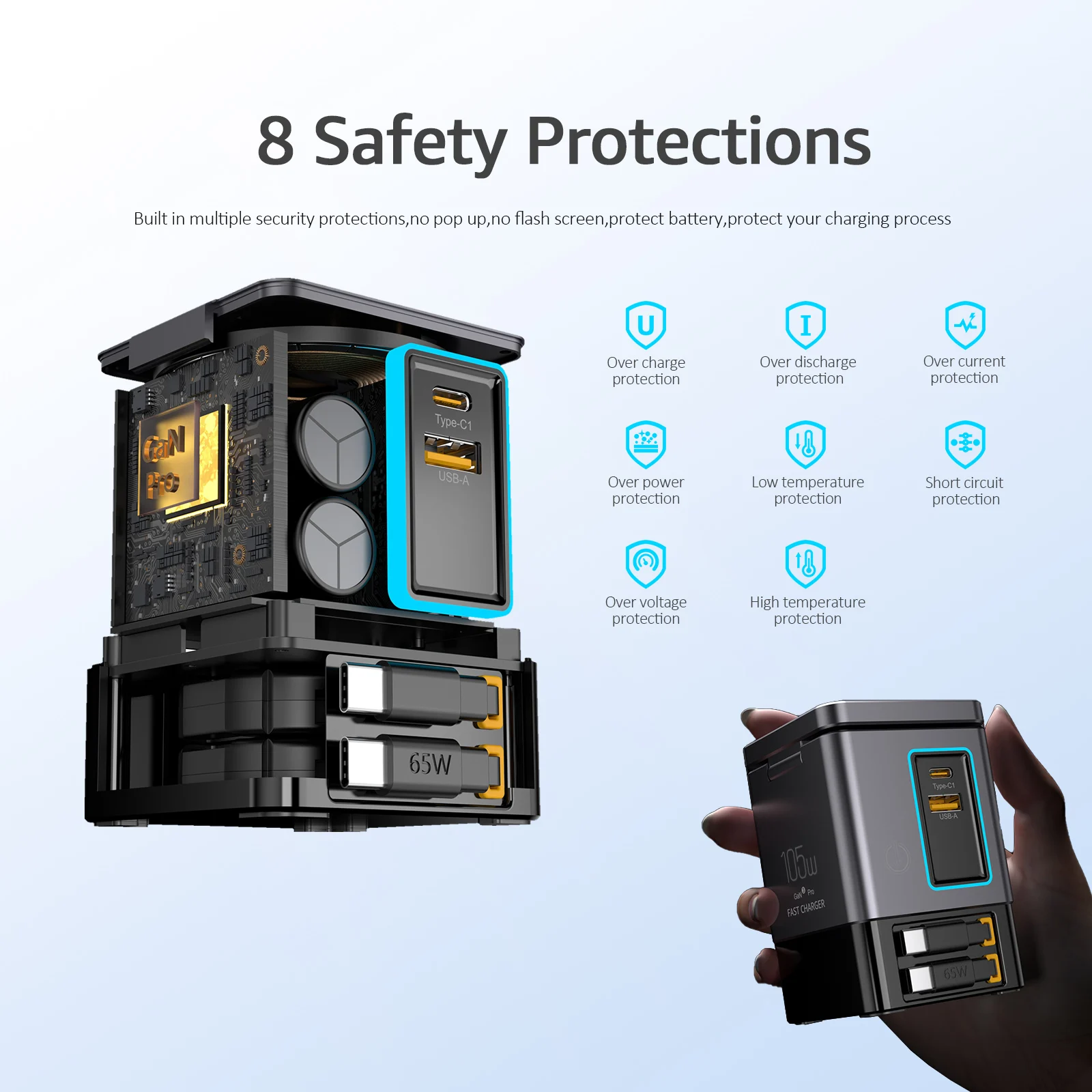 Station de Charge GaN 105W Tour Multiport – Sans Fil Qi2, Câble Rétractable, Charge Rapide PD 3.0