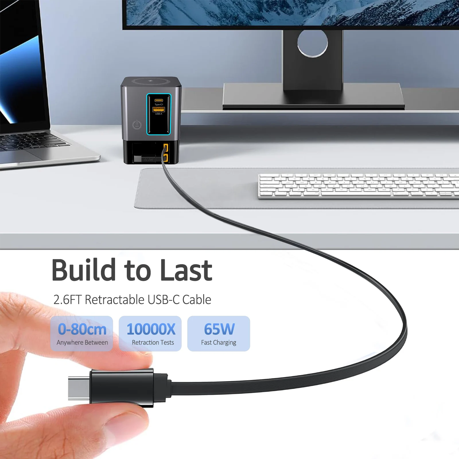 Station de charge GaN 100W sans fil magnétique + câble rétractable USB-C multiprise de bureau