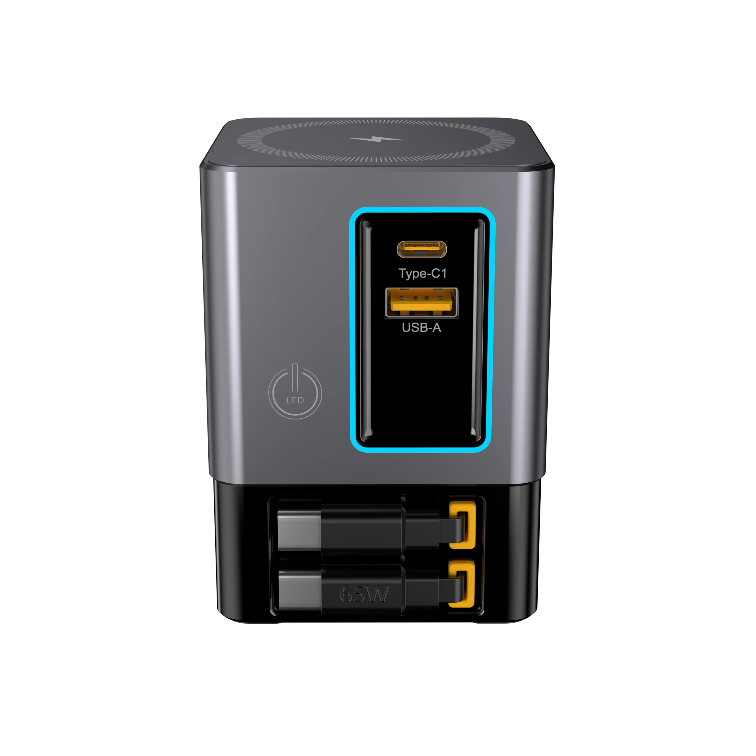 Station de charge GaN 100W sans fil magnétique + câble rétractable USB-C multiprise de bureau