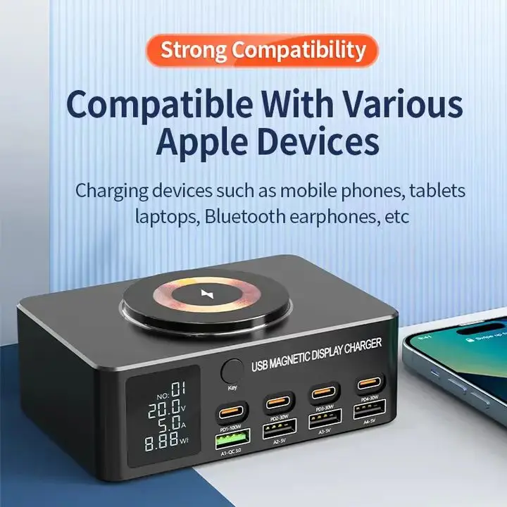 Station de Charge 140W GaN 8 Ports USB-C | Chargeur Rapide PD 100W + Sans Fil 15W
