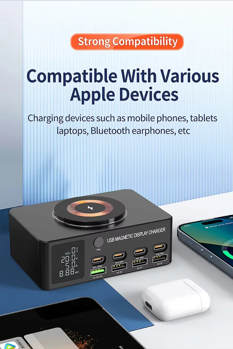 Station de Charge Rapide 8 Ports 140W GaN – USB-C PD 100W + Sans Fil 15W ilepo 818D+