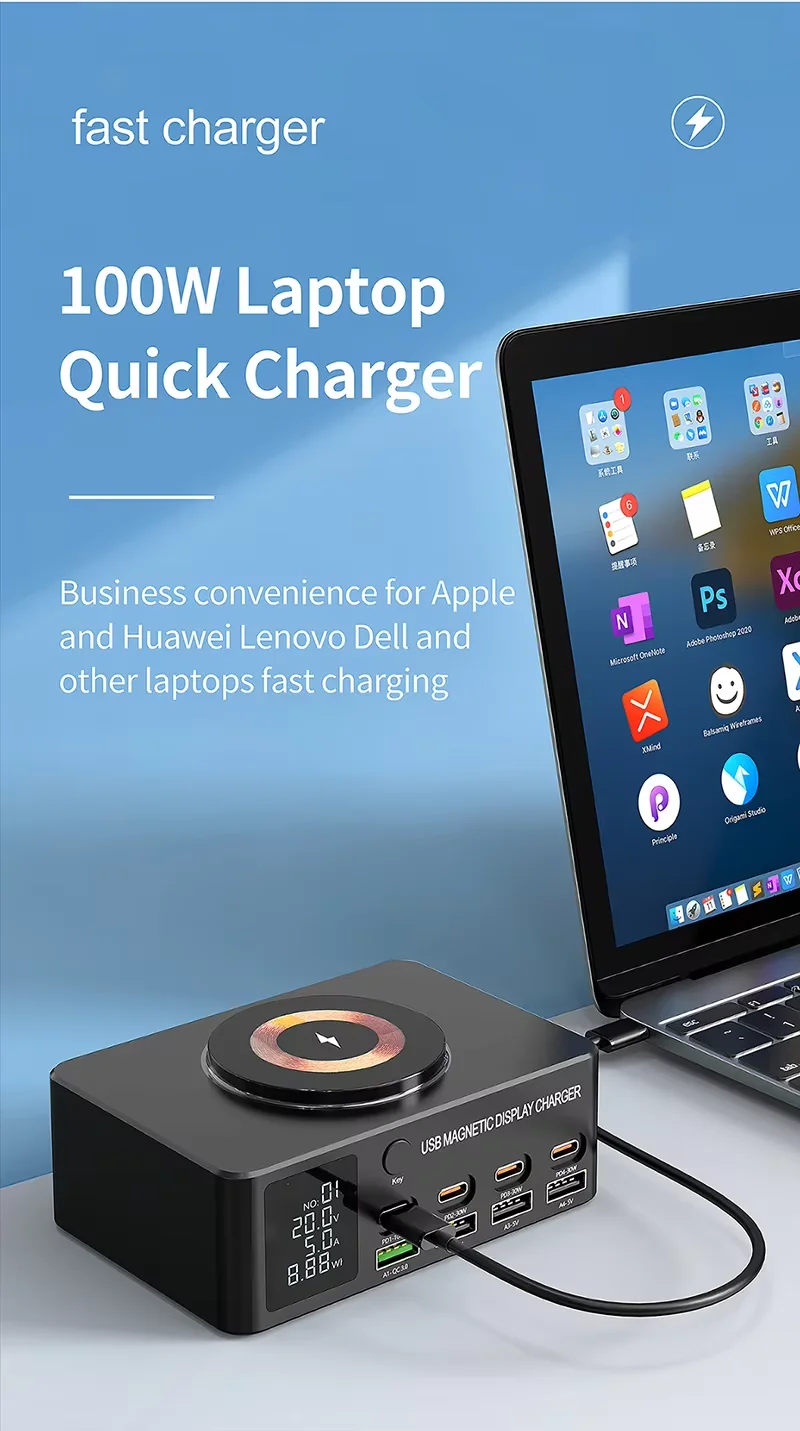 Station de Charge Rapide 8 Ports 140W GaN – USB-C PD 100W + Sans Fil 15W ilepo 818D+
