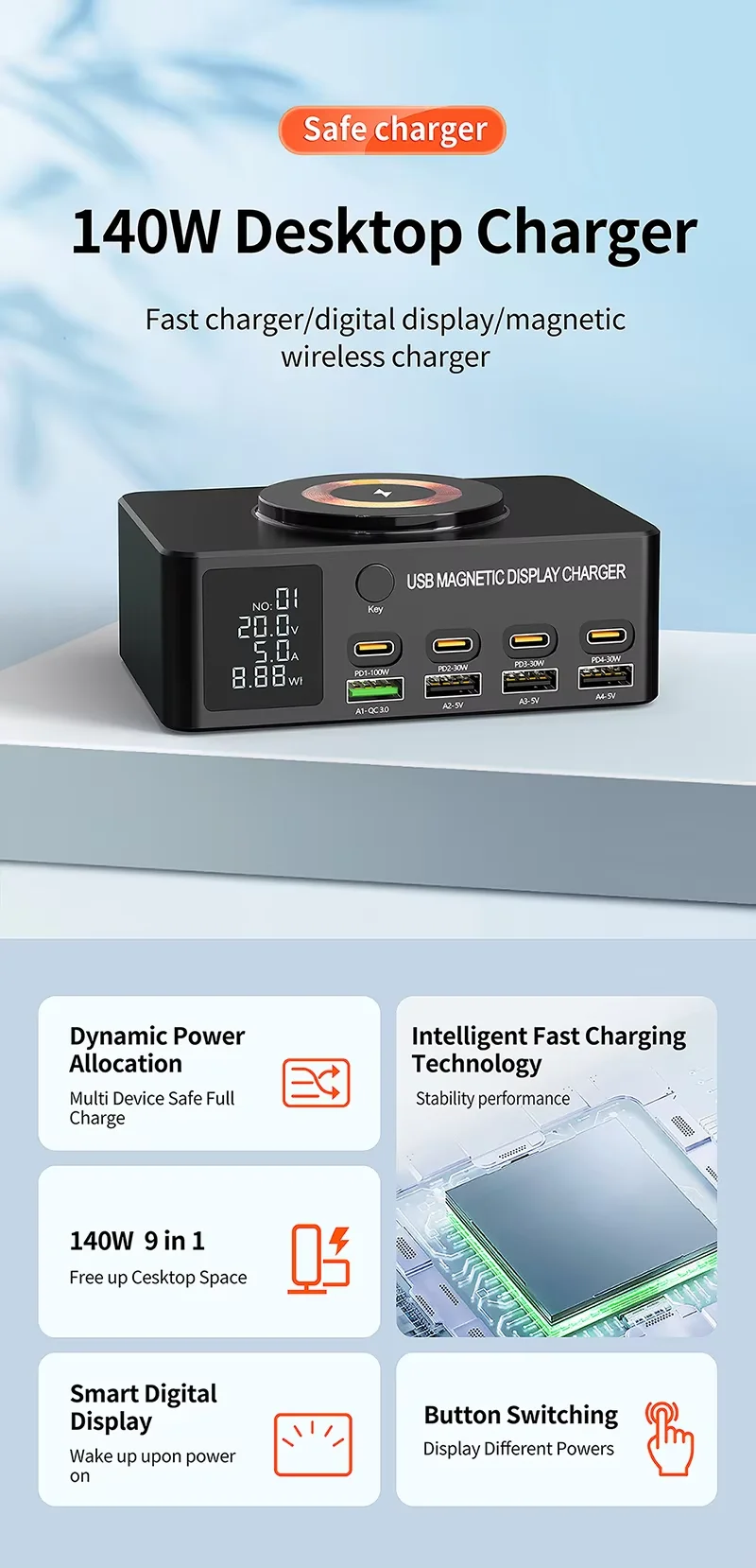 Station de Charge Rapide 8 Ports 140W GaN – USB-C PD 100W + Sans Fil 15W ilepo 818D+