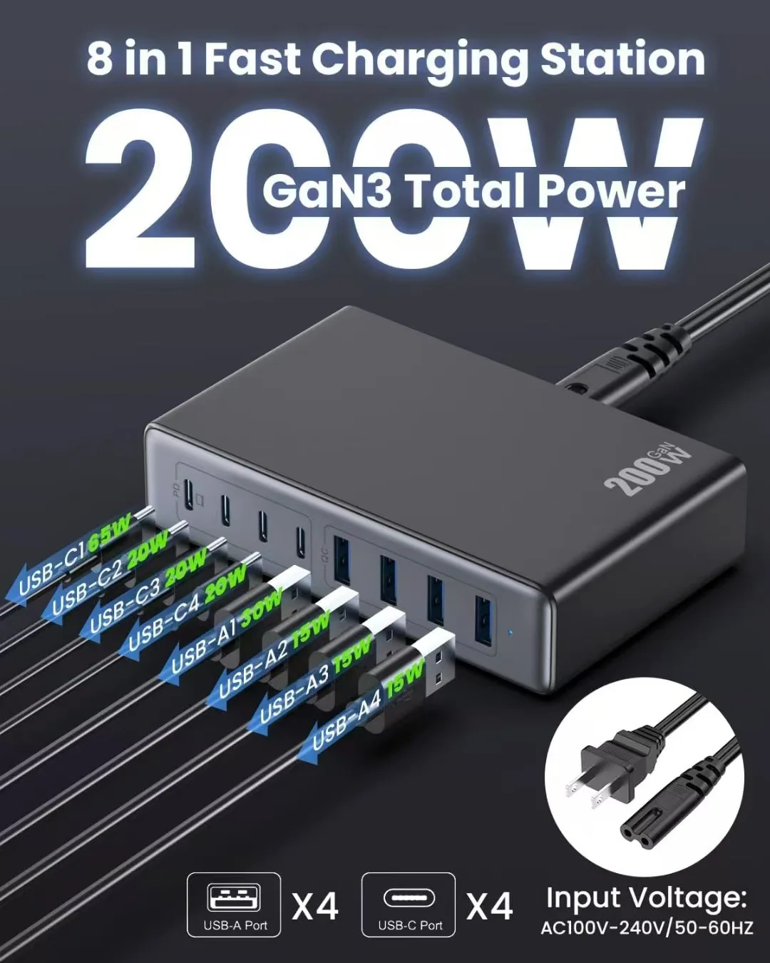 Station de Charge Rapide GaN 200W 8 Ports USB-C & USB | Chargeur Bureau PD 65W MacBook