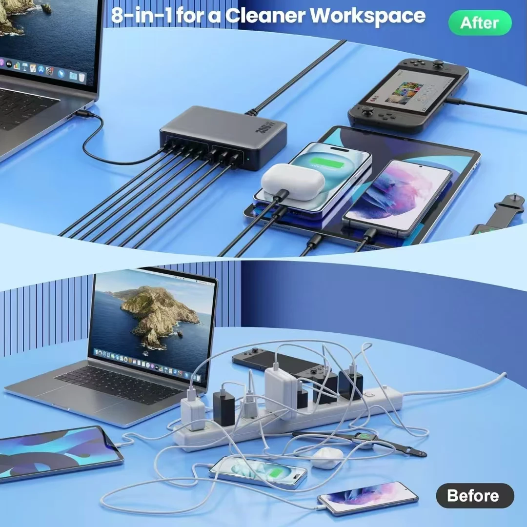 Station de Charge Rapide GaN 200W 8 Ports USB-C & USB | Chargeur Bureau PD 65W MacBook