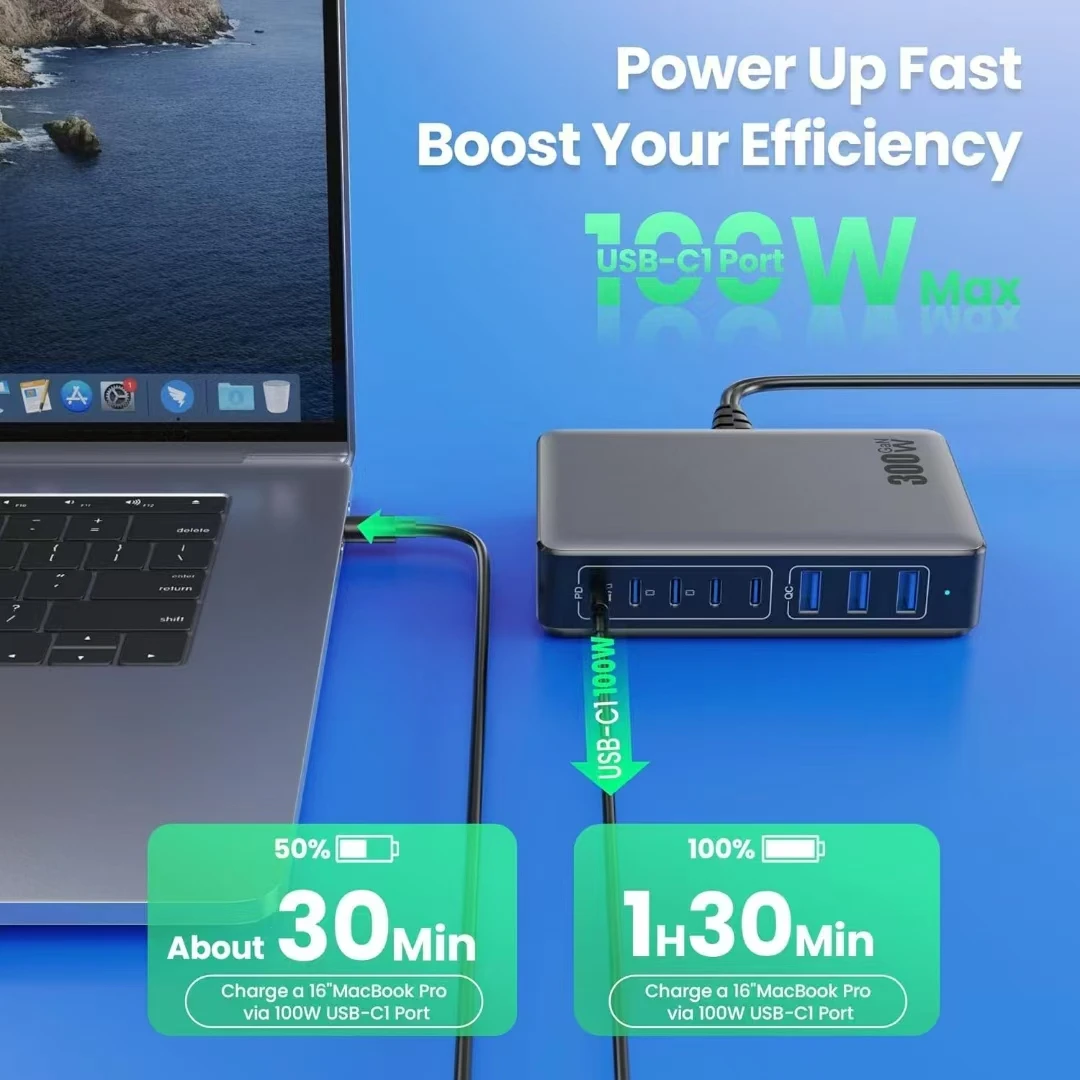 Station de Charge Rapide GaN 200W 8 Ports USB-C & USB | Chargeur Bureau PD 65W MacBook