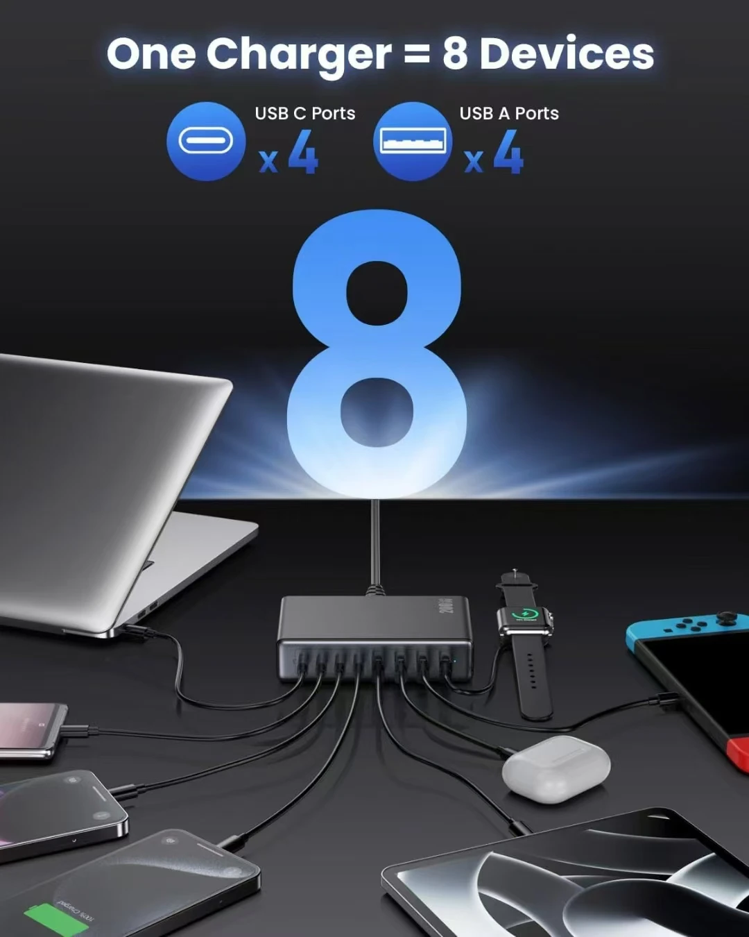 Station de Charge Rapide GaN 200W 8 Ports USB-C & USB | Chargeur Bureau PD 65W MacBook