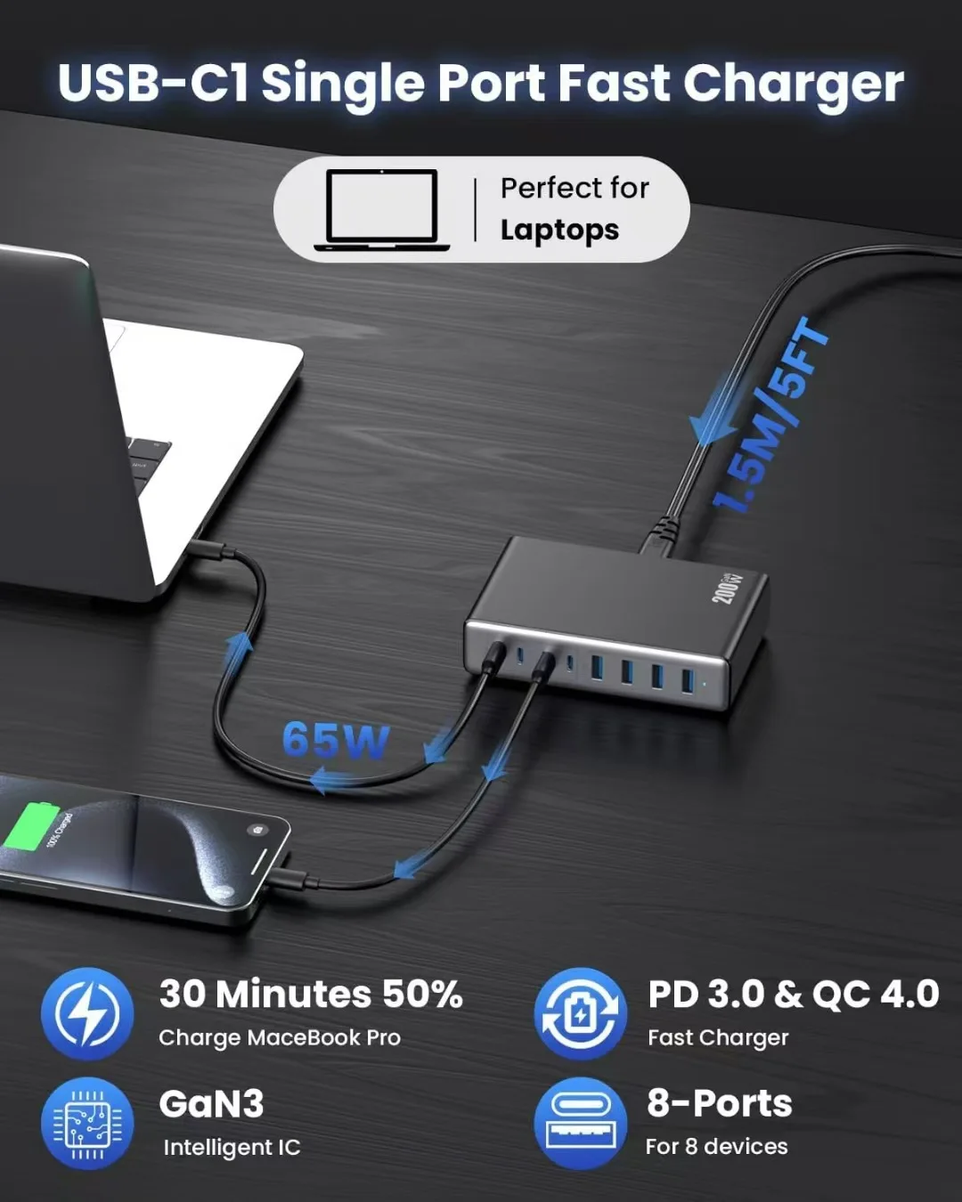 Station de Charge Rapide GaN 200W 8 Ports USB-C & USB | Chargeur Bureau PD 65W MacBook