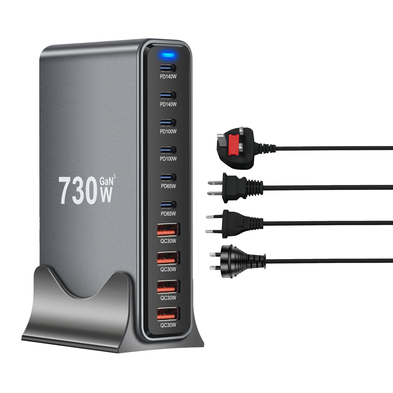 Chargeur Bureau GaN 730W 10 Ports USB-C Charge Rapide PD avec Indicateur LED