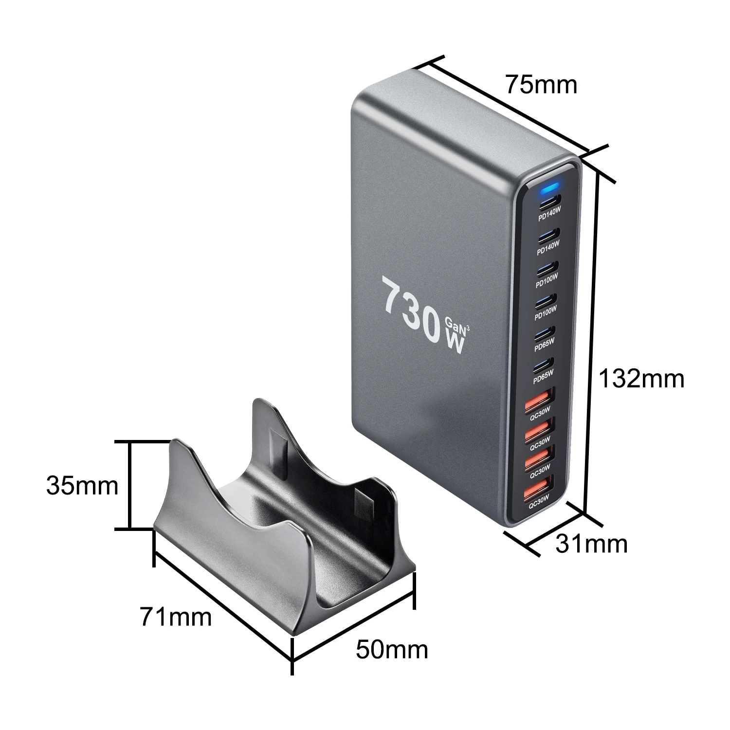 Chargeur Bureau GaN 730W 10 Ports USB-C Charge Rapide PD avec Indicateur LED
