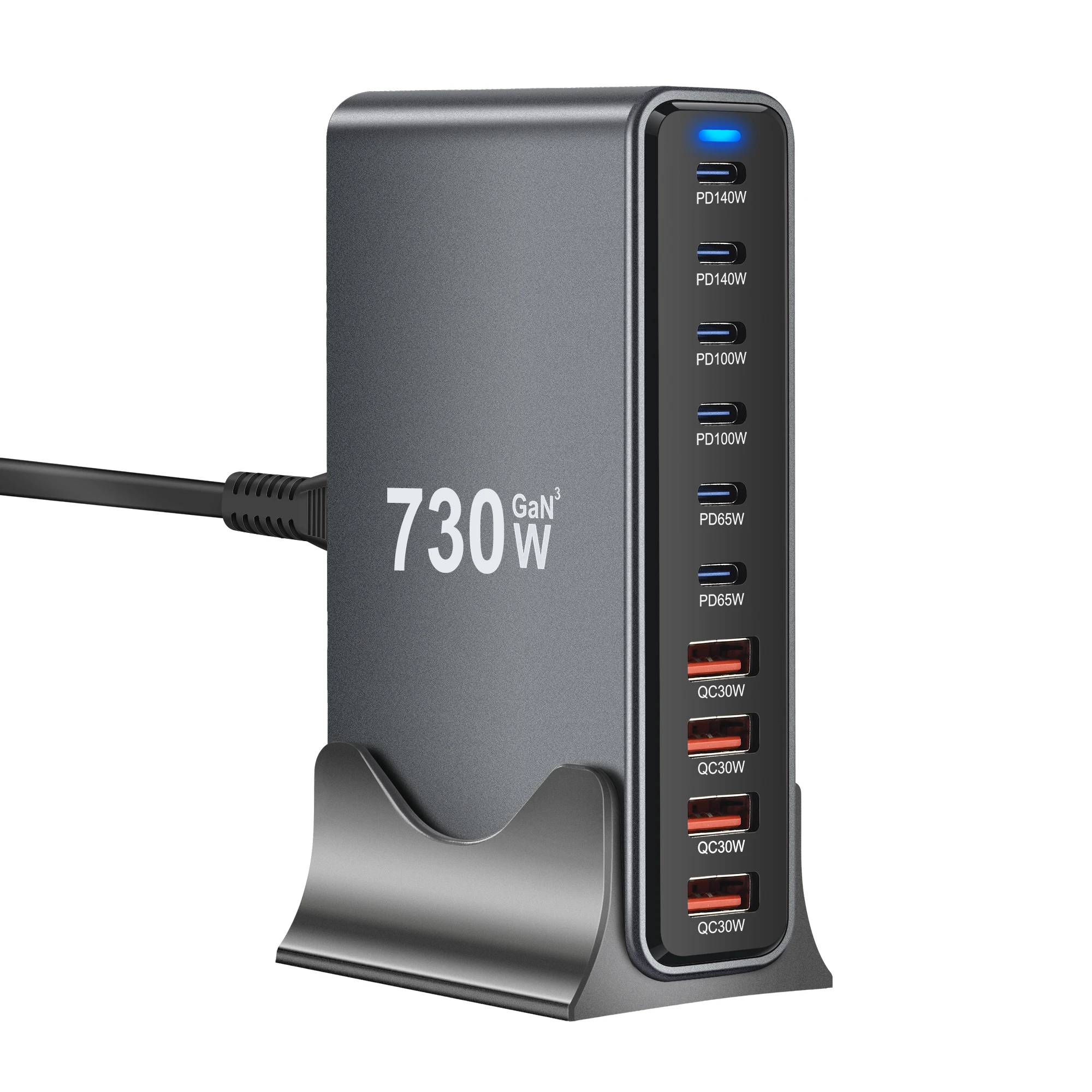 Chargeur Bureau GaN 730W 10 Ports USB-C Charge Rapide PD avec Indicateur LED