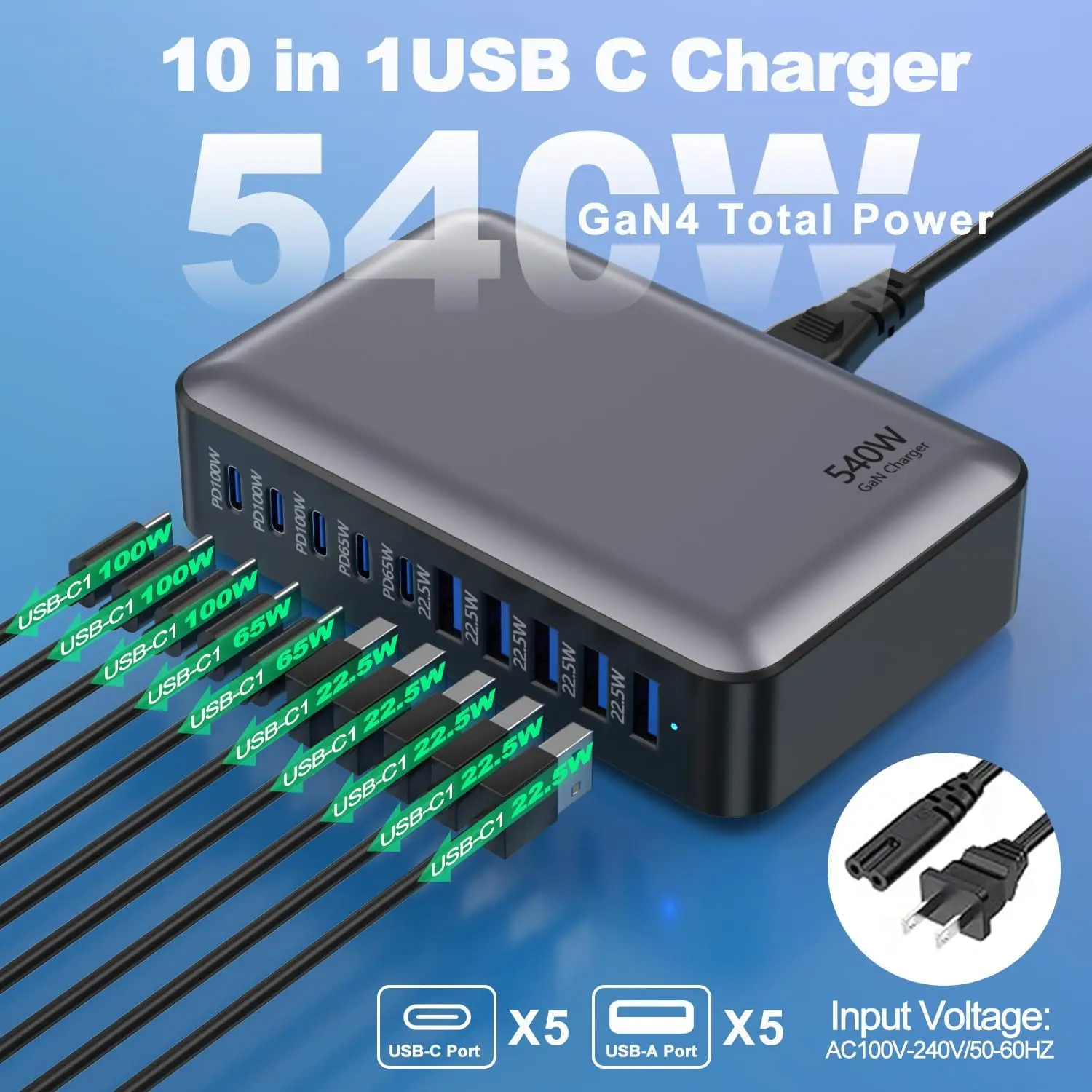 Chargeur Bureau GaN 540W 10 Ports Rapide PD 3.0 QC 3.0 USB & Type-C Multi-Appareils
