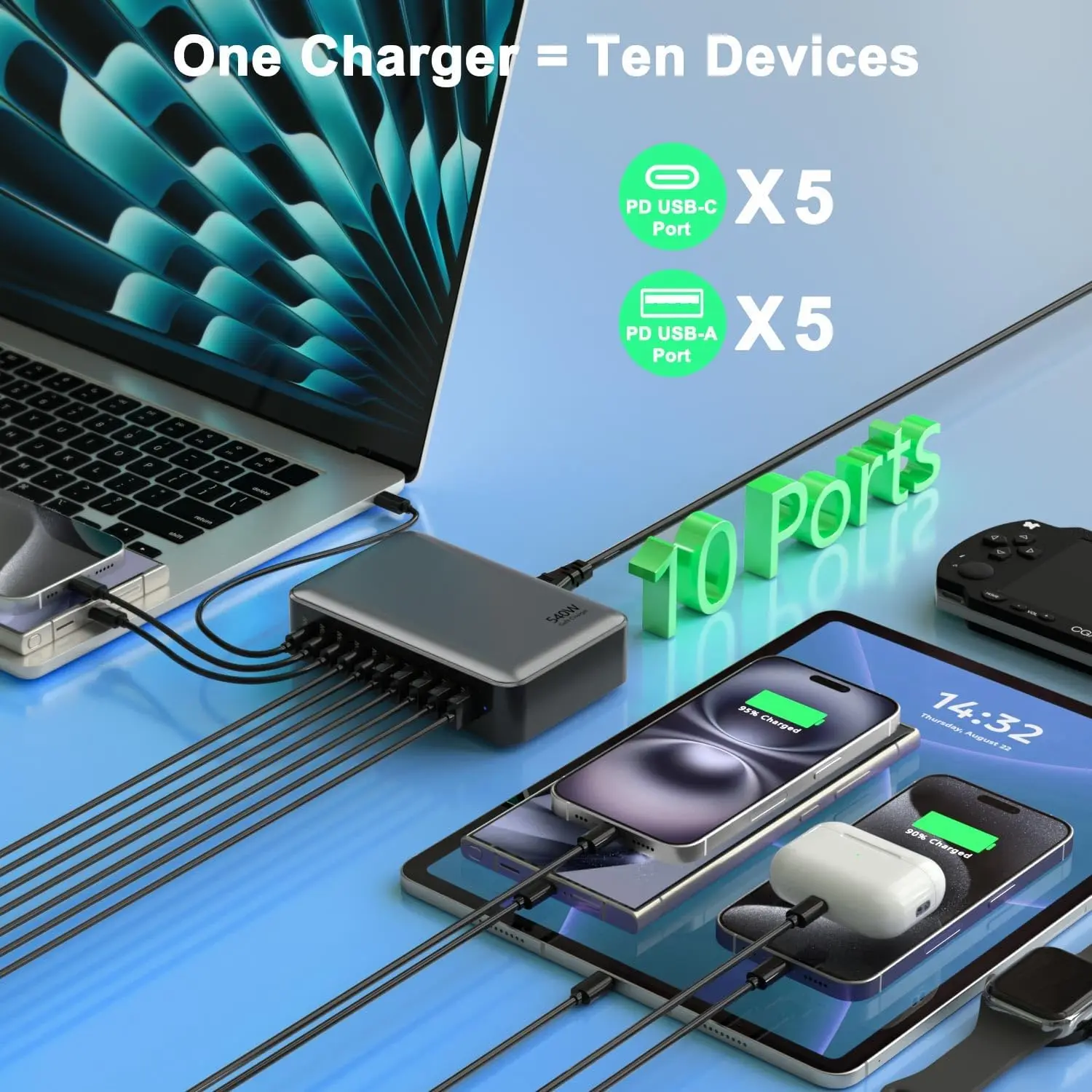 Chargeur Bureau GaN 540W 10 Ports Rapide PD 3.0 QC 3.0 USB & Type-C Multi-Appareils