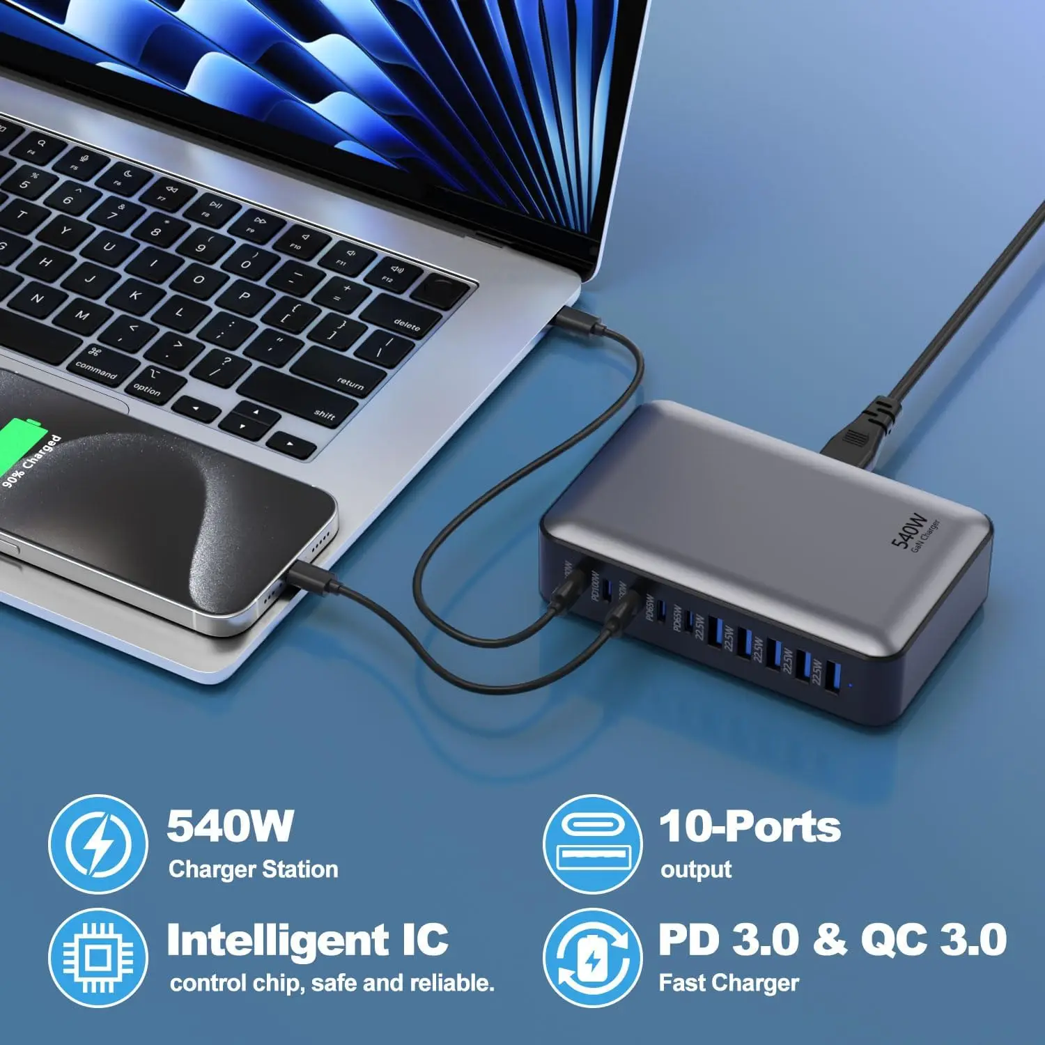Chargeur Bureau GaN 540W 10 Ports Rapide PD 3.0 QC 3.0 USB & Type-C Multi-Appareils