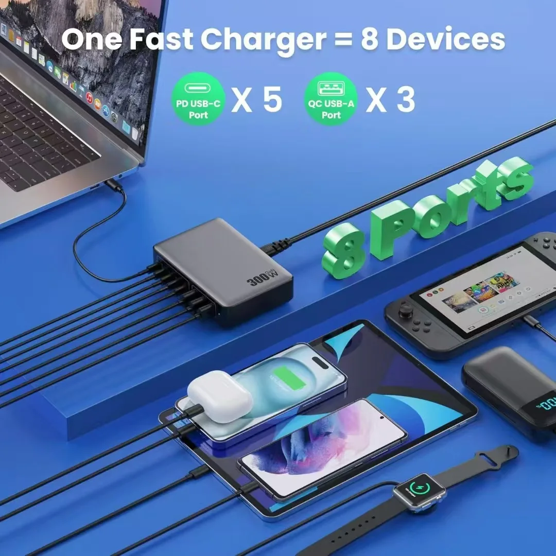 Station de Charge Rapide GaN 300W 8 Ports USB-C & USB PD 3.0 pour PC/iPhone/Montre