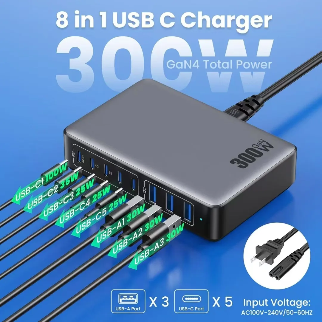 Station de Charge Rapide GaN 300W 8 Ports USB-C & USB PD 3.0 pour PC/iPhone/Montre