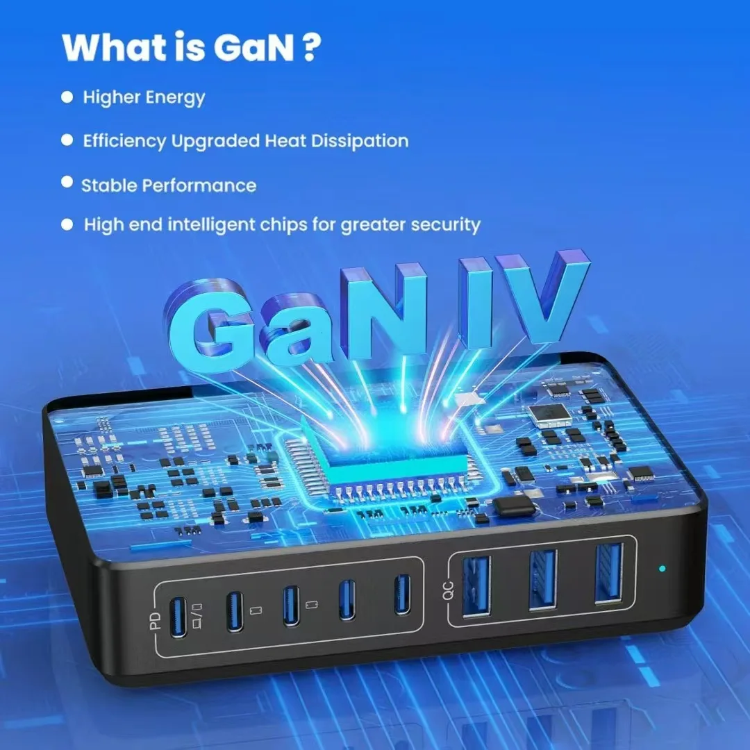 Station de Charge Rapide GaN 300W 8 Ports USB-C & USB PD 3.0 pour PC/iPhone/Montre